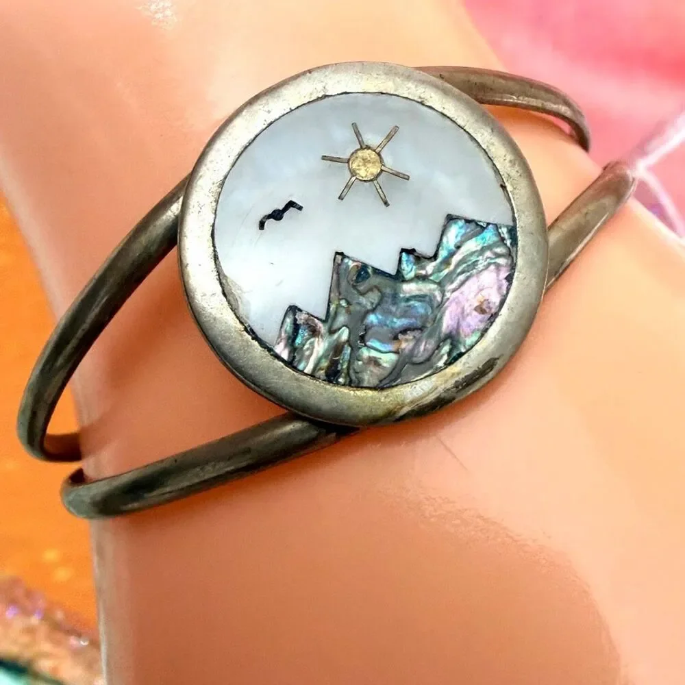 Vintage Mother of Pearl Abalone Mountain Landscape Cuff Bracelet